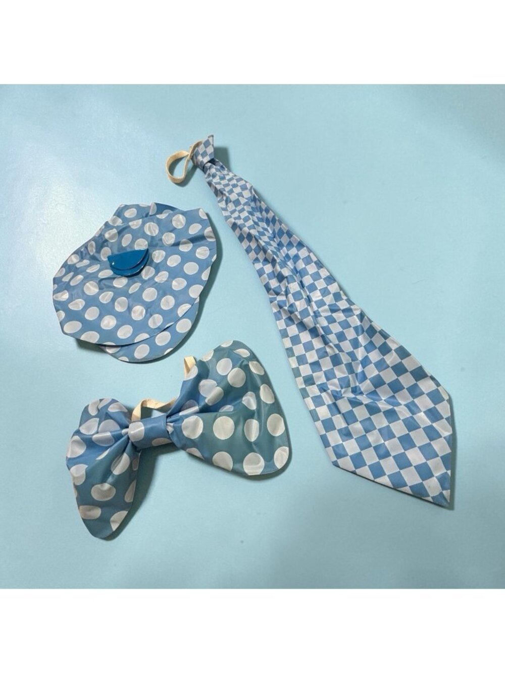 Vintage Clown Costume 3 Pc Set Big Hat Bow & Tie Blue White Polka Dot 1970s
